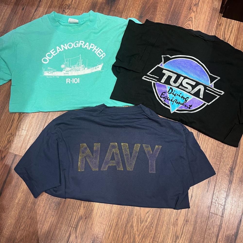 Vintage 90’s Graphic Boat Navy Diving Shirts Black, Teal, Navy